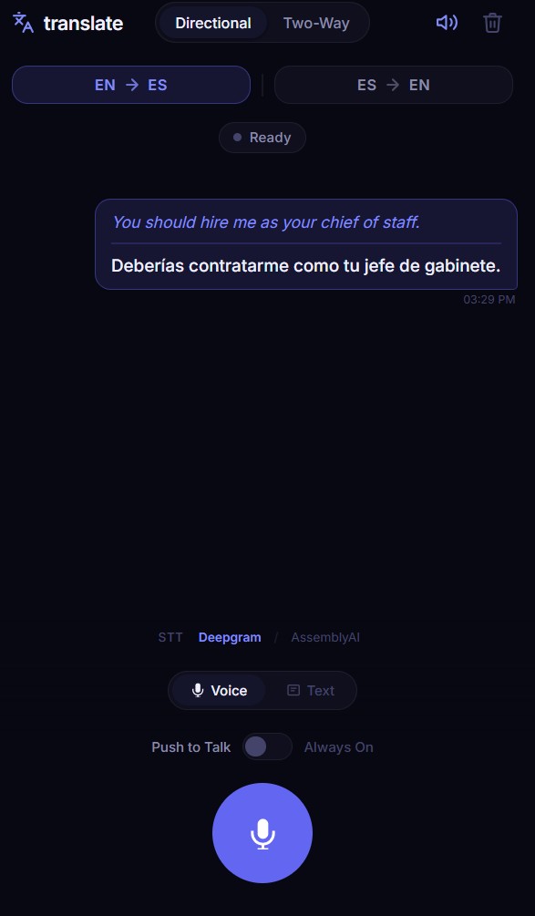 Screenshot of a voice translation app